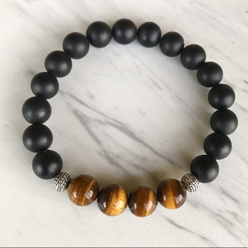 Genuine golden tiger eye & matte onyx men bracelet - Picture 5 of 7
